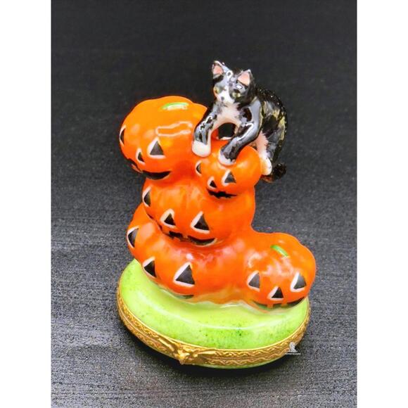 Other - Rare Authentic Limoges France Halloween Black Cat Jack O Lantern Trinket Box